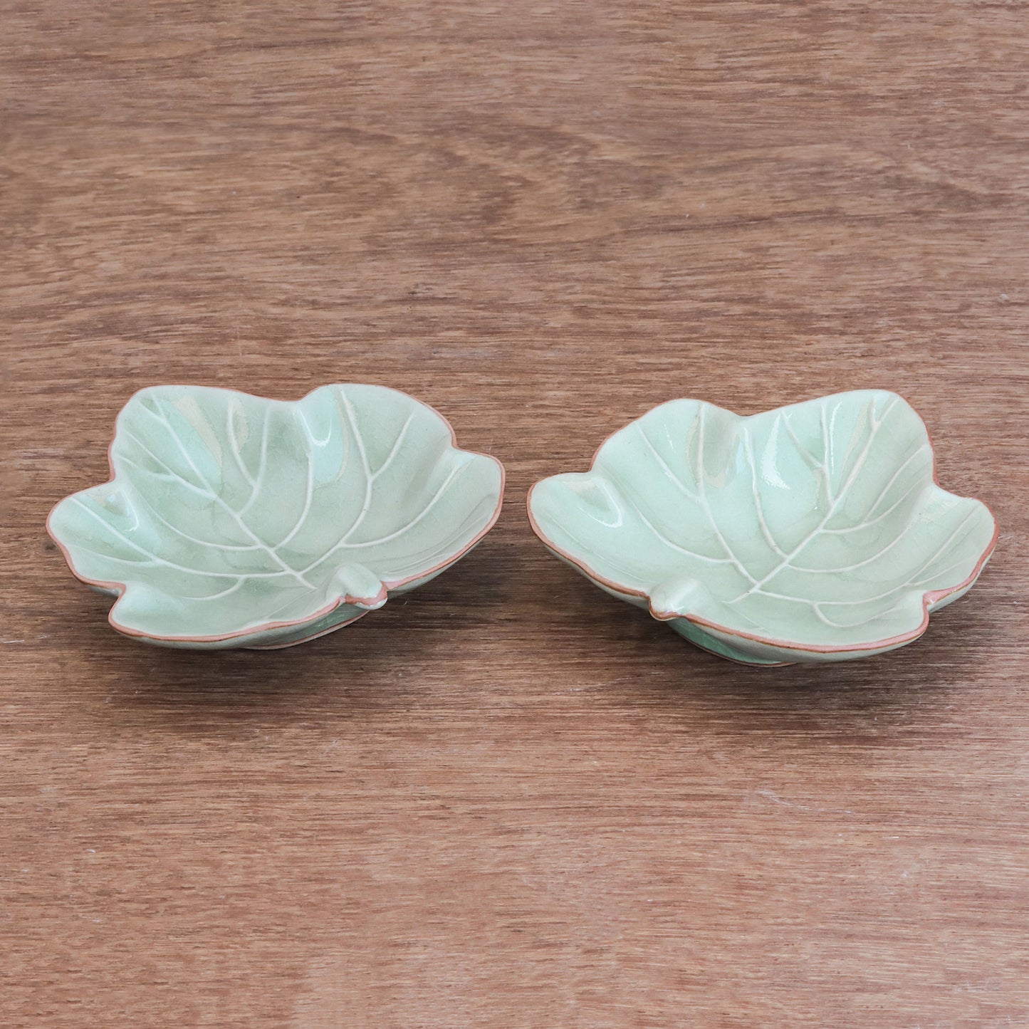 Ivy Gourd Leafy Celadon Ceramic Appetizer Bowls from Thailand (Pair)