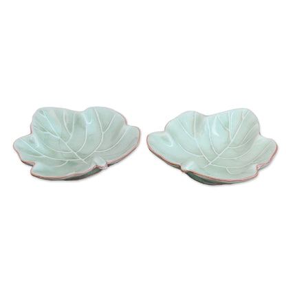 Ivy Gourd Leafy Celadon Ceramic Appetizer Bowls from Thailand (Pair)