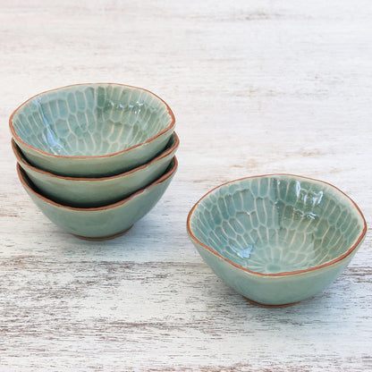 Sunflower Dream Celadon Ceramic Appetizer Bowls from Thailand (Set of 4)