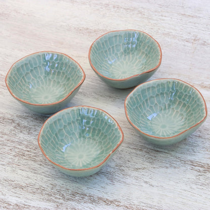 Sunflower Dream Celadon Ceramic Appetizer Bowls from Thailand (Set of 4)