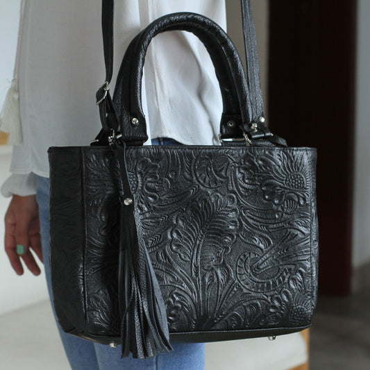 Flower Carrier in Black Floral Embossed Leather Shoulder Bag in Black from Mexico