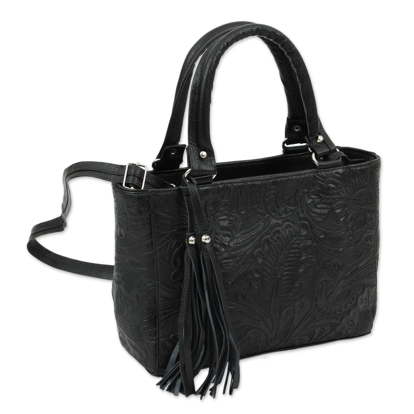 Flower Carrier in Black Floral Embossed Leather Shoulder Bag in Black from Mexico