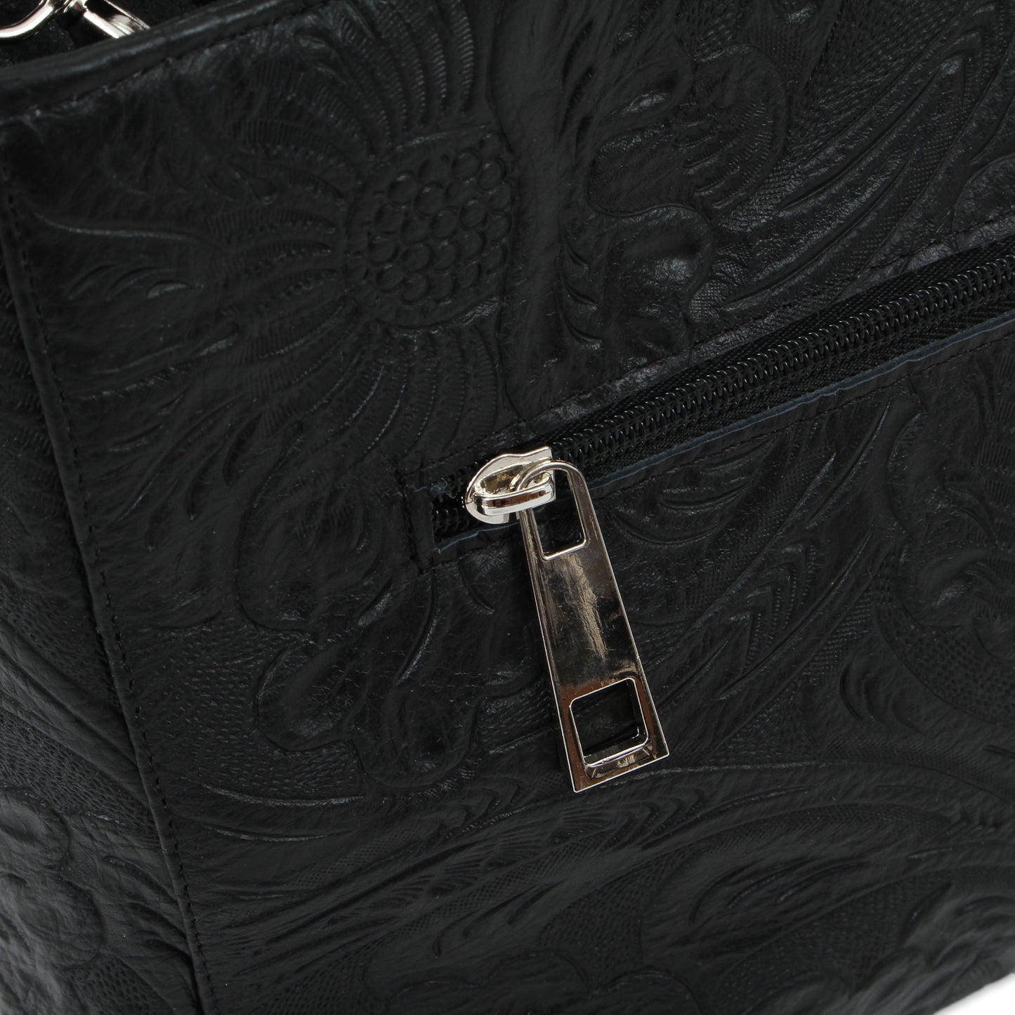 Flower Carrier in Black Floral Embossed Leather Shoulder Bag in Black from Mexico