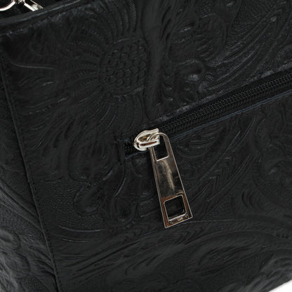 Flower Carrier in Black Floral Embossed Leather Shoulder Bag in Black from Mexico