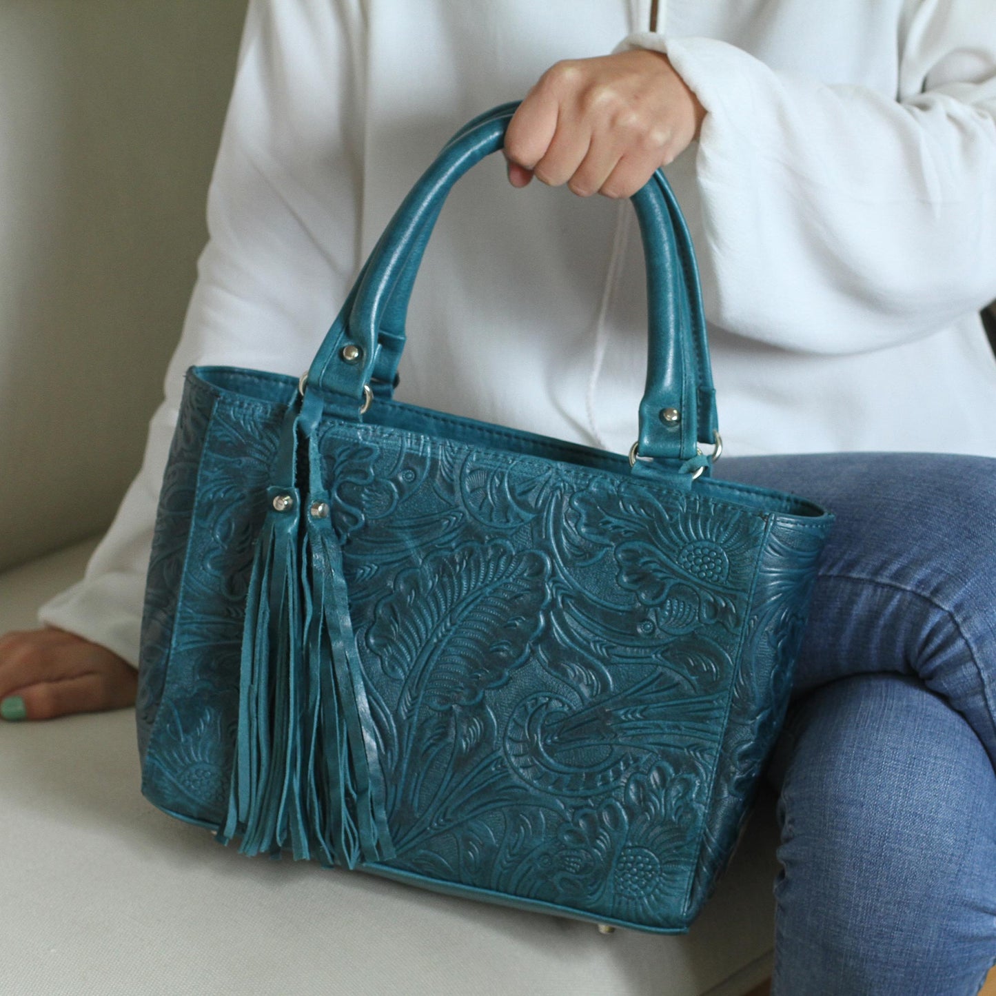 Flower Carrier in Teal Floral Leather Shoulder Bag in Teal from Mexico