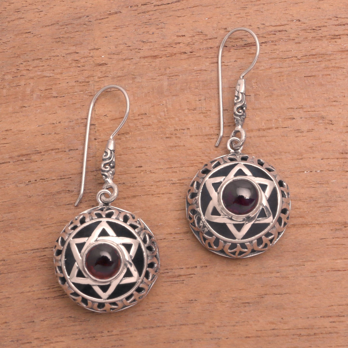 Six Points Garnet Six-Pointed Star Dangle Earrings from Bali