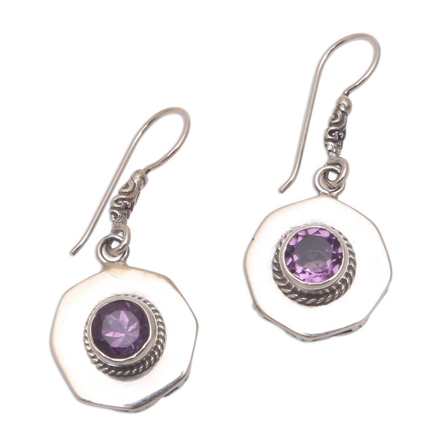 Gleaming Lanterns Circular Amethyst Dangle Earrings from Bali