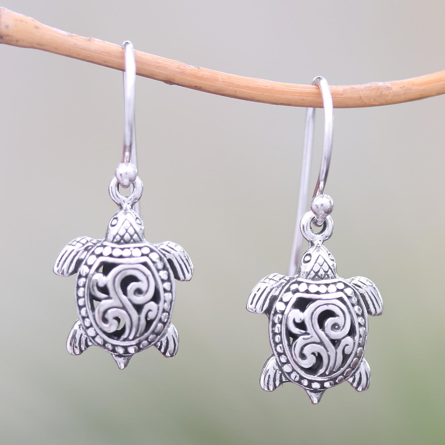 Ancient Turtle Sterling Silver Sea Turtle Dangle Earrings from Bali