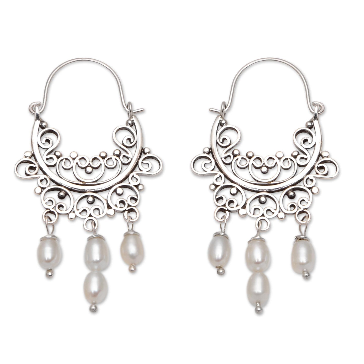 Silver-White Dew Silver-White Cultured Pearl Chandelier Earrings from Bali