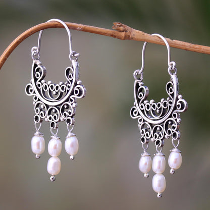 Silver-White Dew Silver-White Cultured Pearl Chandelier Earrings from Bali