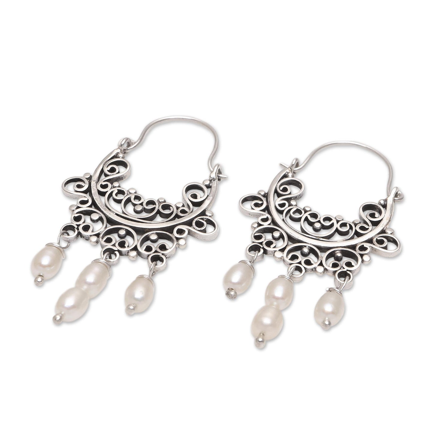 Silver-White Dew Silver-White Cultured Pearl Chandelier Earrings from Bali