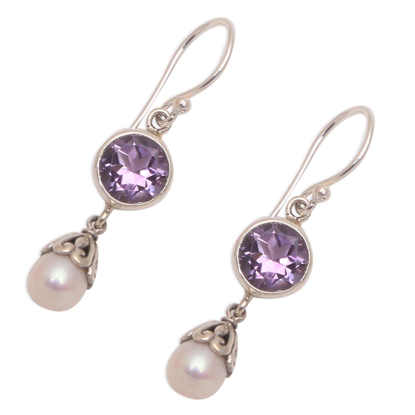 Fruit of Light Amethyst and Cultured Pearl Dangle Earrings from Bali