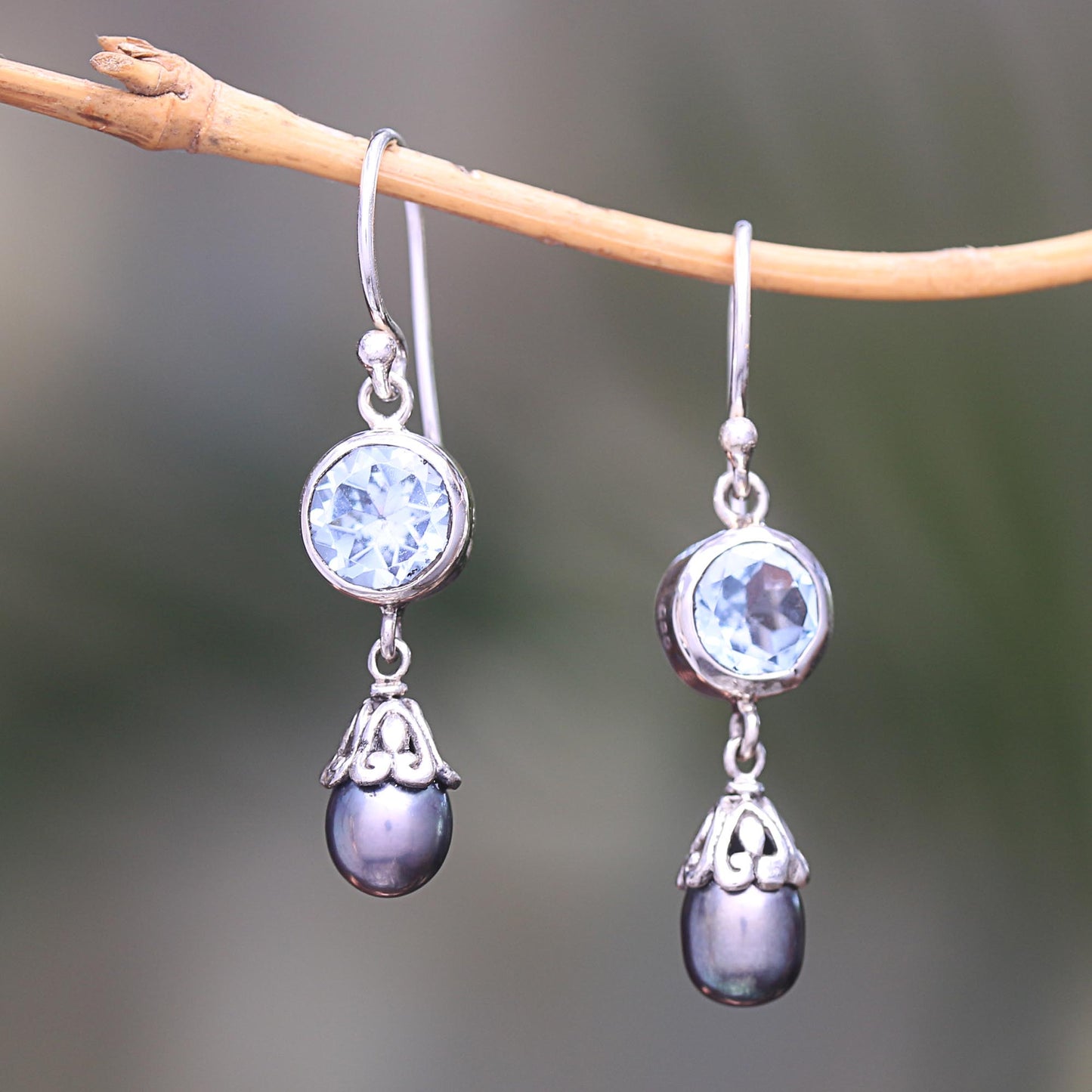 Fruit of Light Blue Topaz and Cultured Pearl Dangle Earrings from Bali