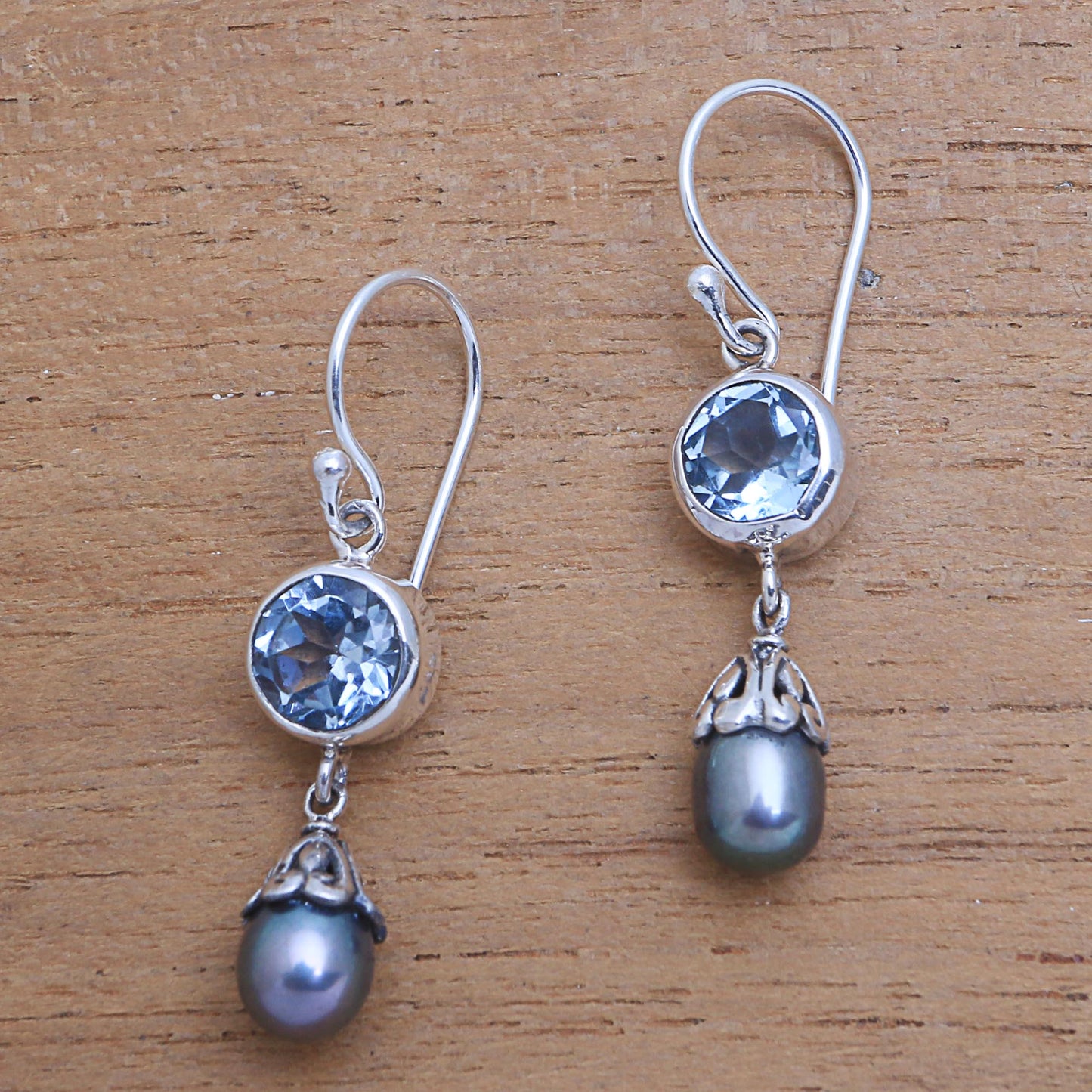 Fruit of Light Blue Topaz and Cultured Pearl Dangle Earrings from Bali