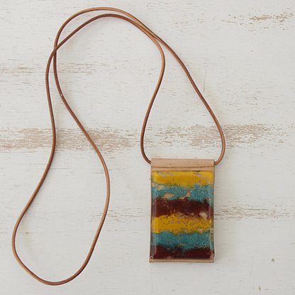 Earth Waters Layered Glass and Leather Pendant Necklace from Brazil