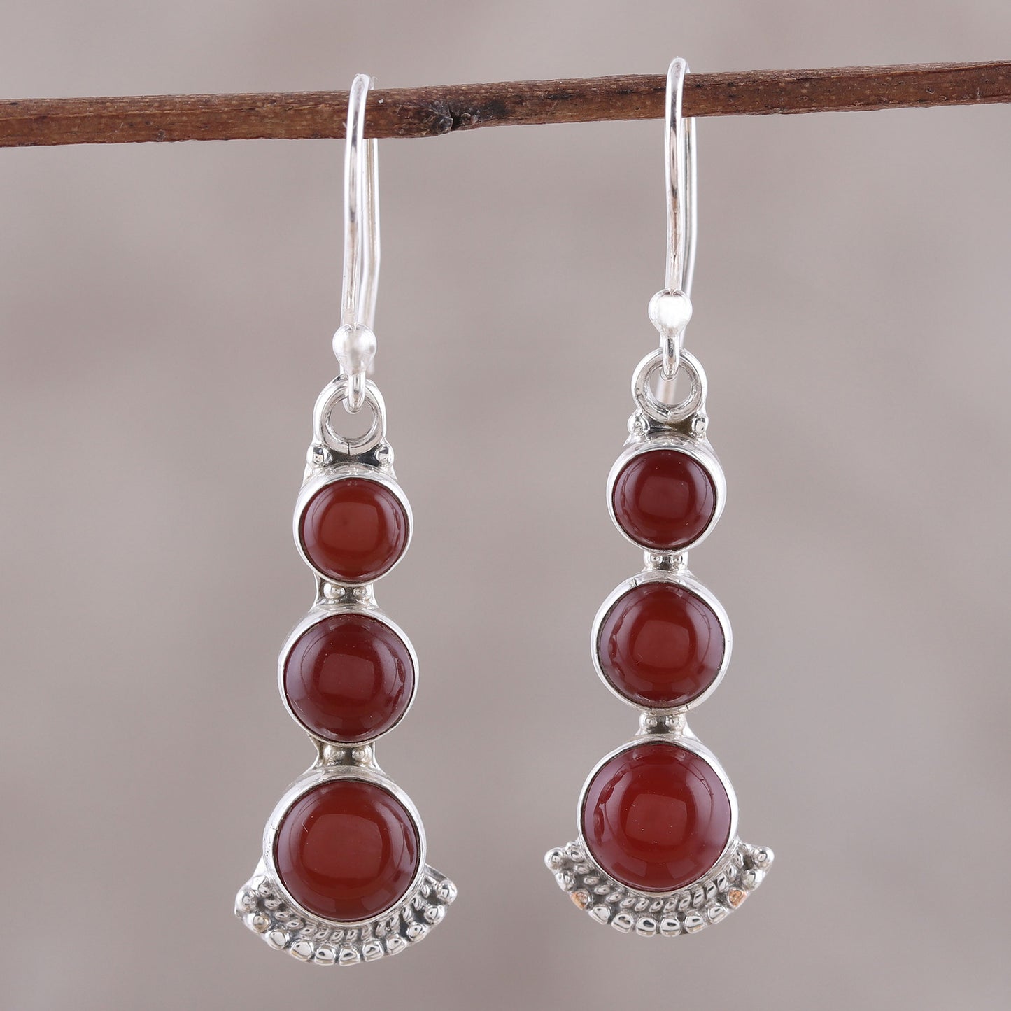 Triple Gleam Round Carnelian and Sterling Silver Dangle Earrings