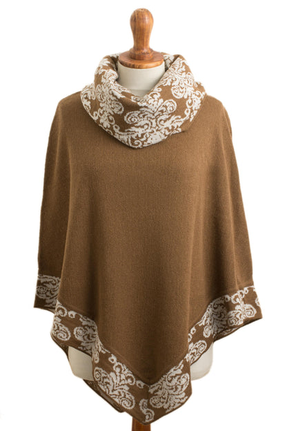 Glamour Glimpses Sepia Brown and Ivory Alpaca Blend Cowl Neck Knit Poncho