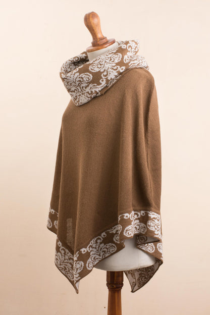 Glamour Glimpses Sepia Brown and Ivory Alpaca Blend Cowl Neck Knit Poncho