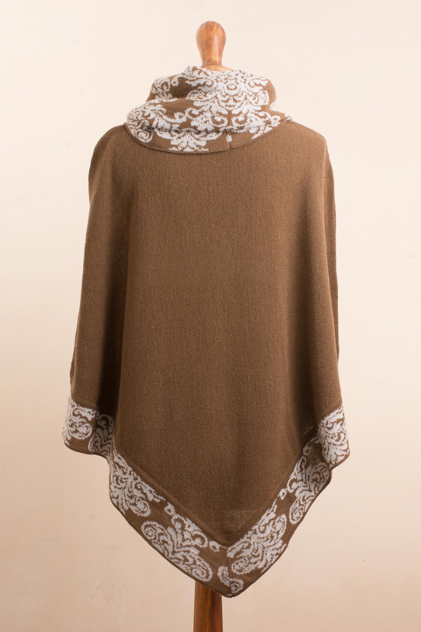 Glamour Glimpses Sepia Brown and Ivory Alpaca Blend Cowl Neck Knit Poncho