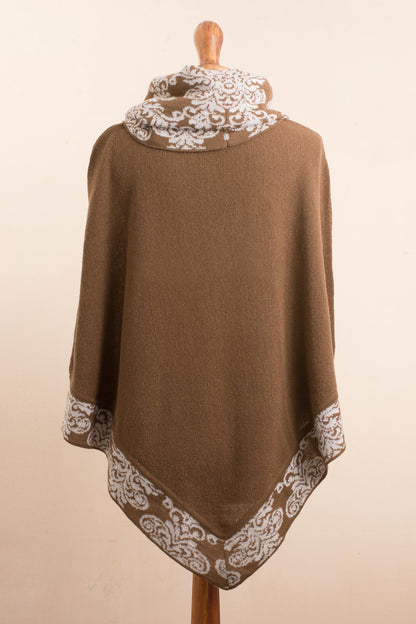 Glamour Glimpses Sepia Brown and Ivory Alpaca Blend Cowl Neck Knit Poncho