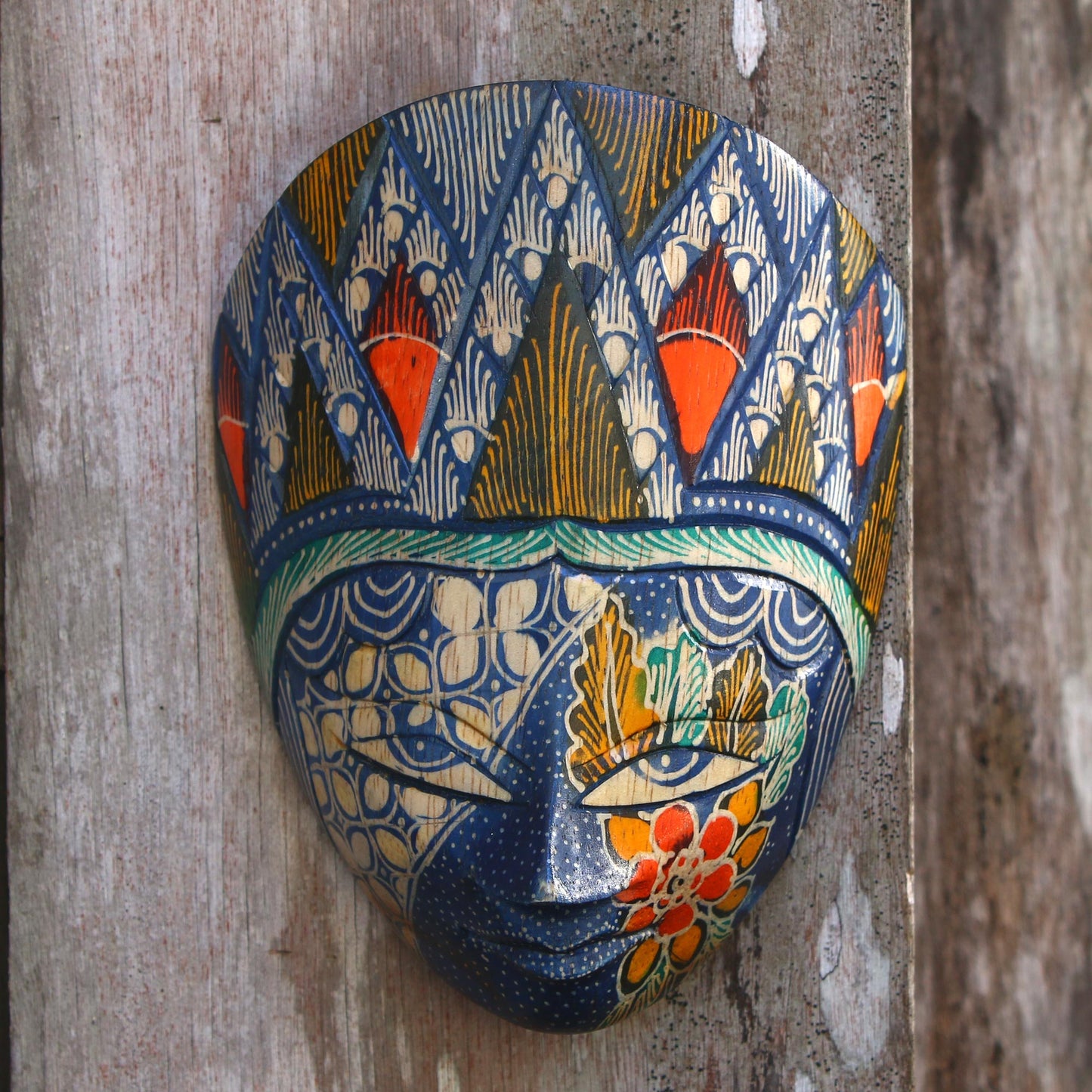 Blue Princess Batik Wood Mask in Blue and Multicolor from Java