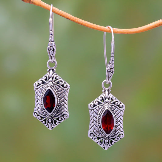 Sanur Elegance Weave Pattern Garnet Dangle Earrings from Bali