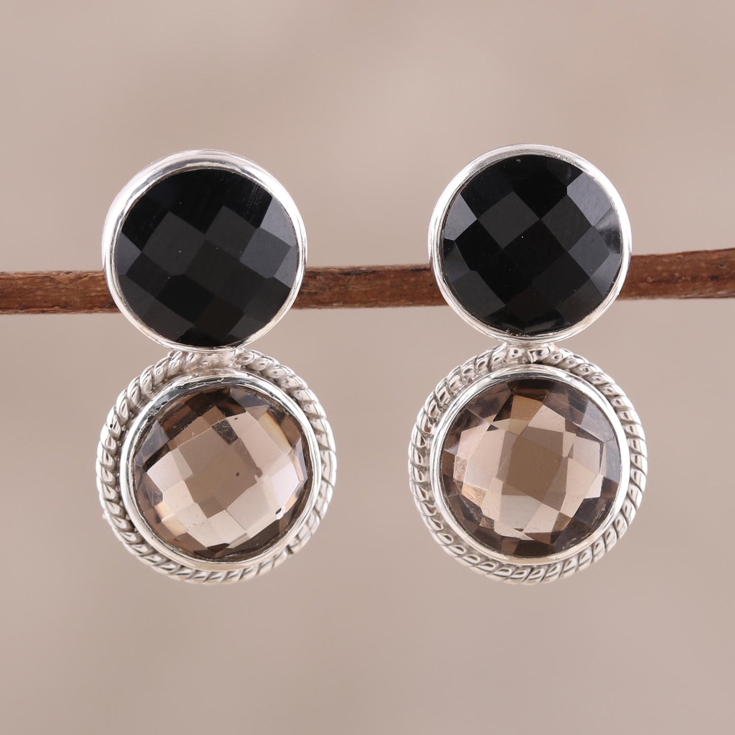 Twin Glitter Smoky Quartz and Onyx Drop Earrings from India