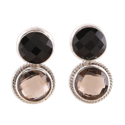 Twin Glitter Smoky Quartz and Onyx Drop Earrings from India