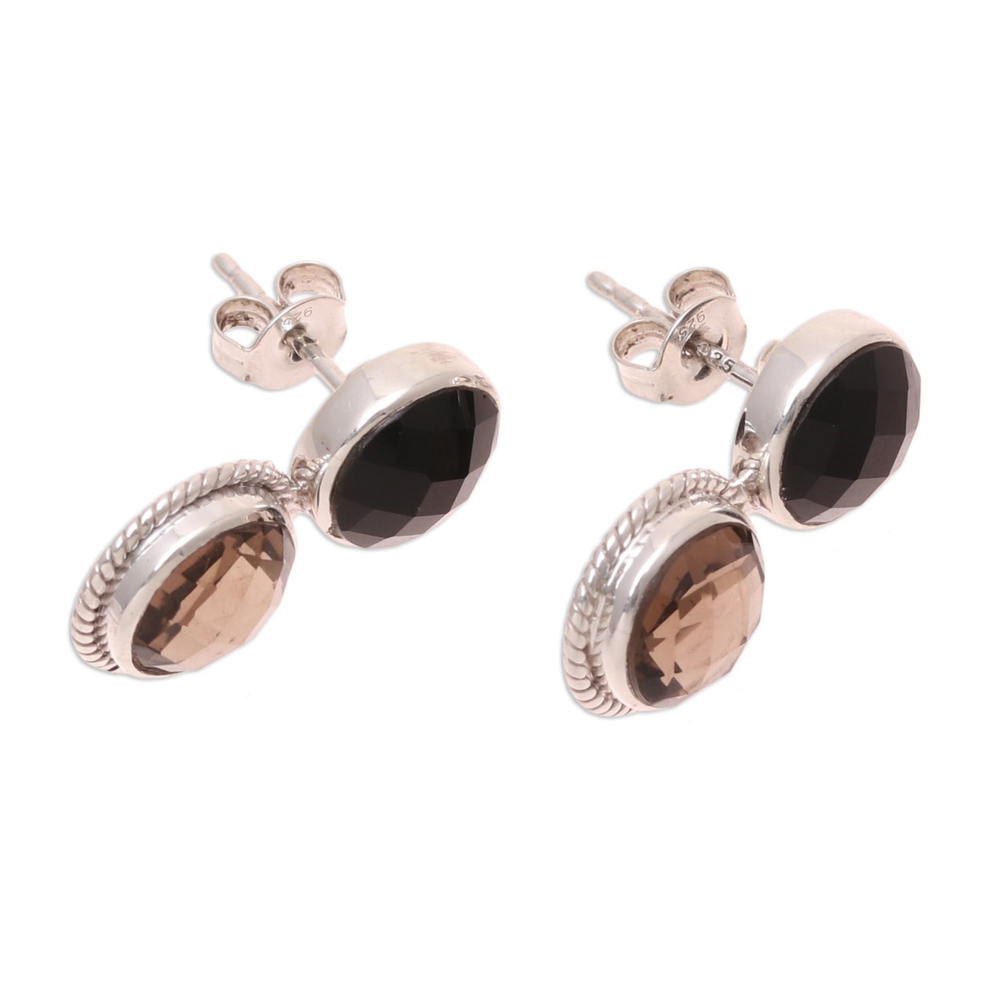 Twin Glitter Smoky Quartz and Onyx Drop Earrings from India