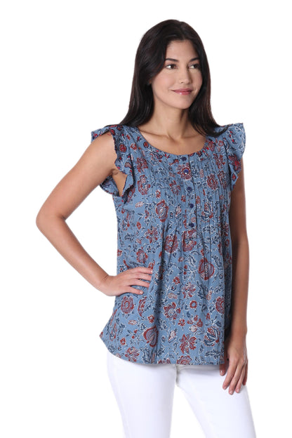 Garden Bliss Floral Printed Cotton Blouse in Cerulean from India