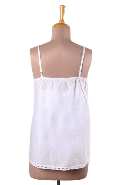 Beautiful Summer Floral Embroidered White Cotton Tank Top from India