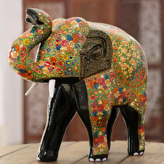 Royal Greeting Hand-Painted Floral Elephant Papier Mache Sculpture