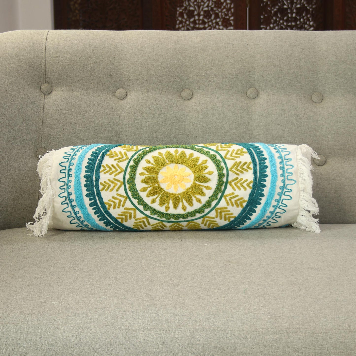 Mandala Glory Mandala Pattern Embroidered Cotton Bolster Cover from India