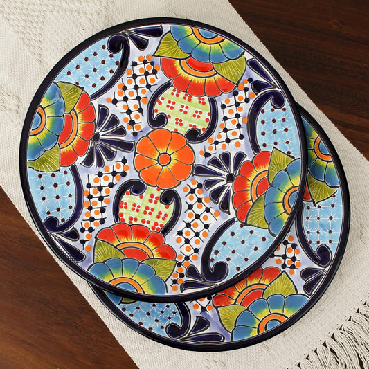 Raining Flowers Talavera Ceramic Dinner Plates from Mexico (Pair)