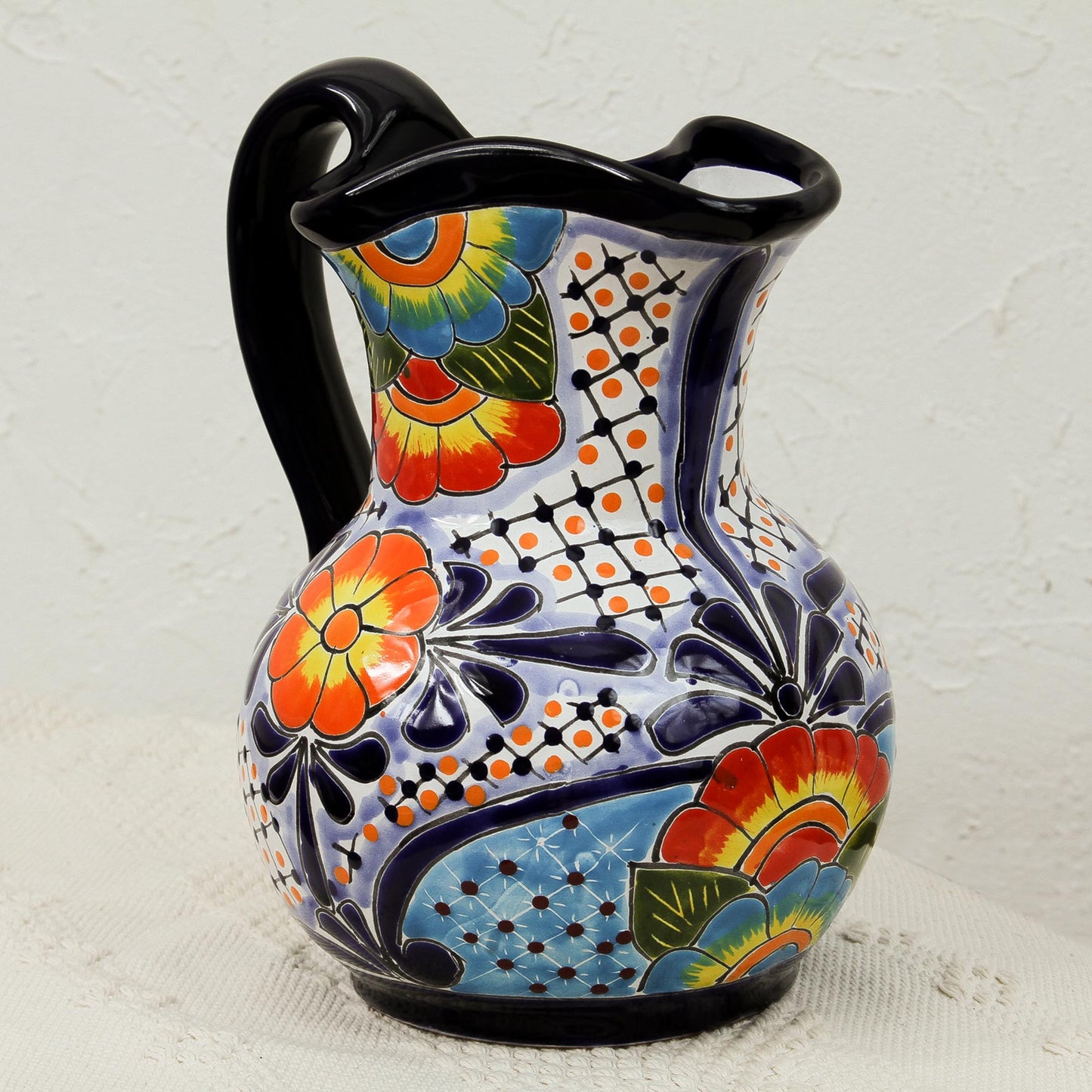 Raining Flowers Hand-Painted Talavera Style Ceramic Pitcher from Mexico