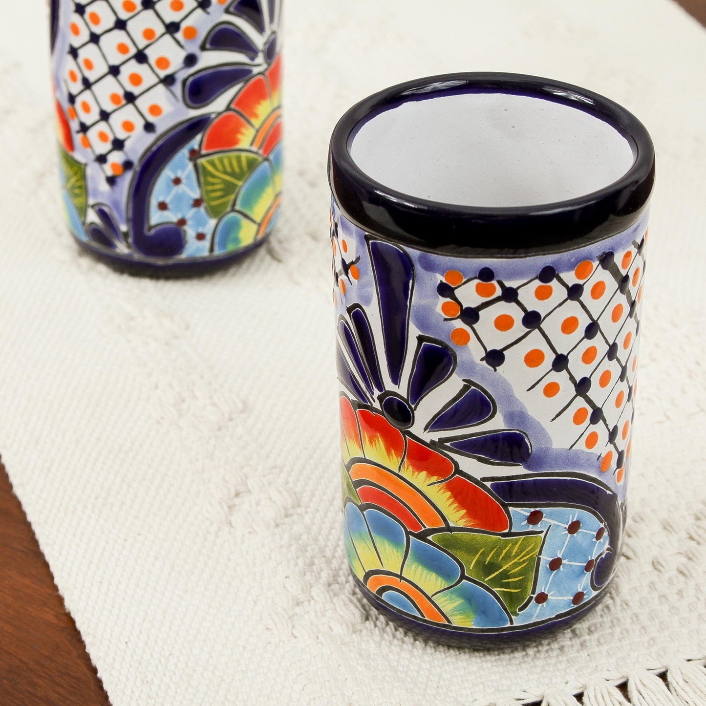 Raining Flowers Hand-Painted Floral Ceramic Tumblers from Mexico (Pair)