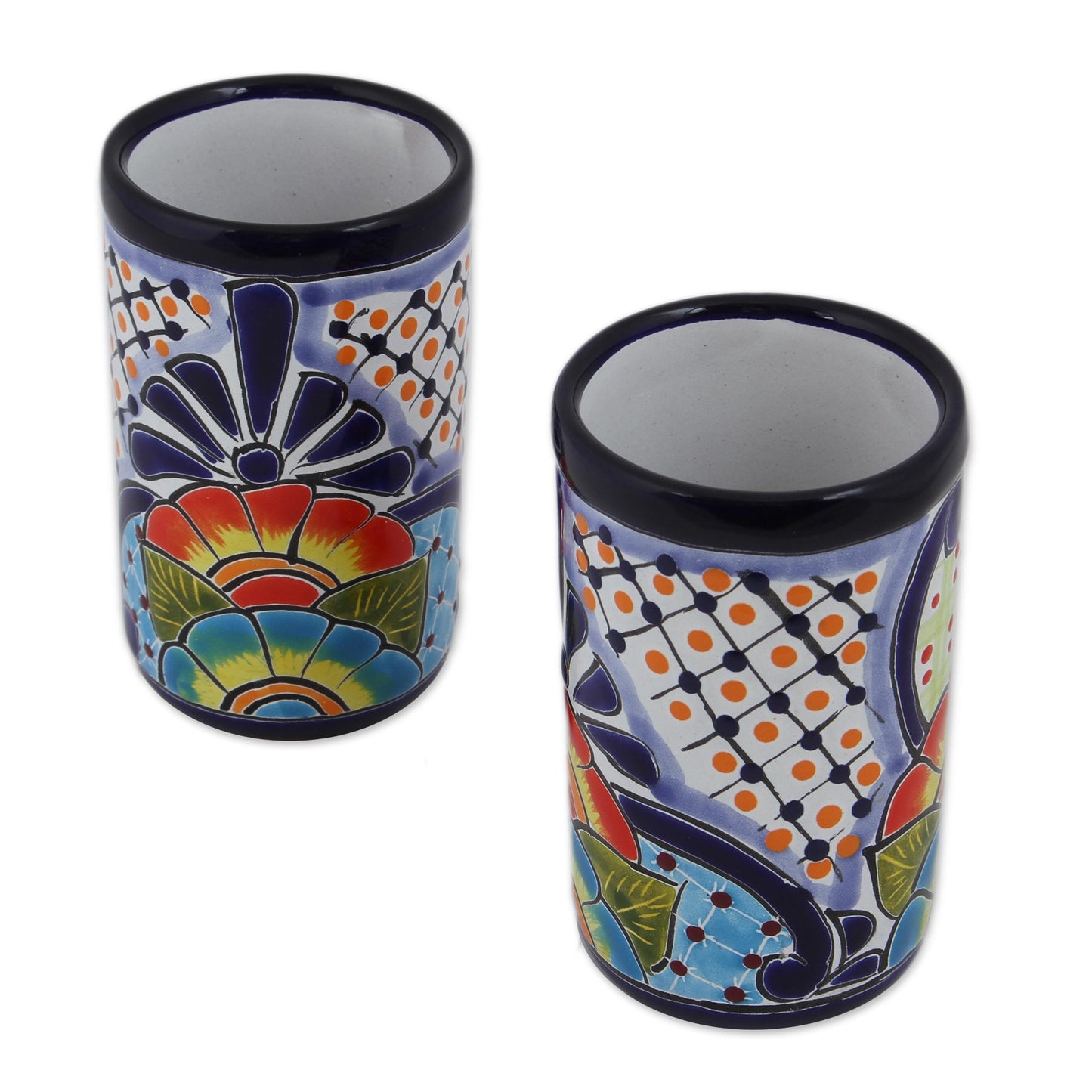 Raining Flowers Hand-Painted Floral Ceramic Tumblers from Mexico (Pair)