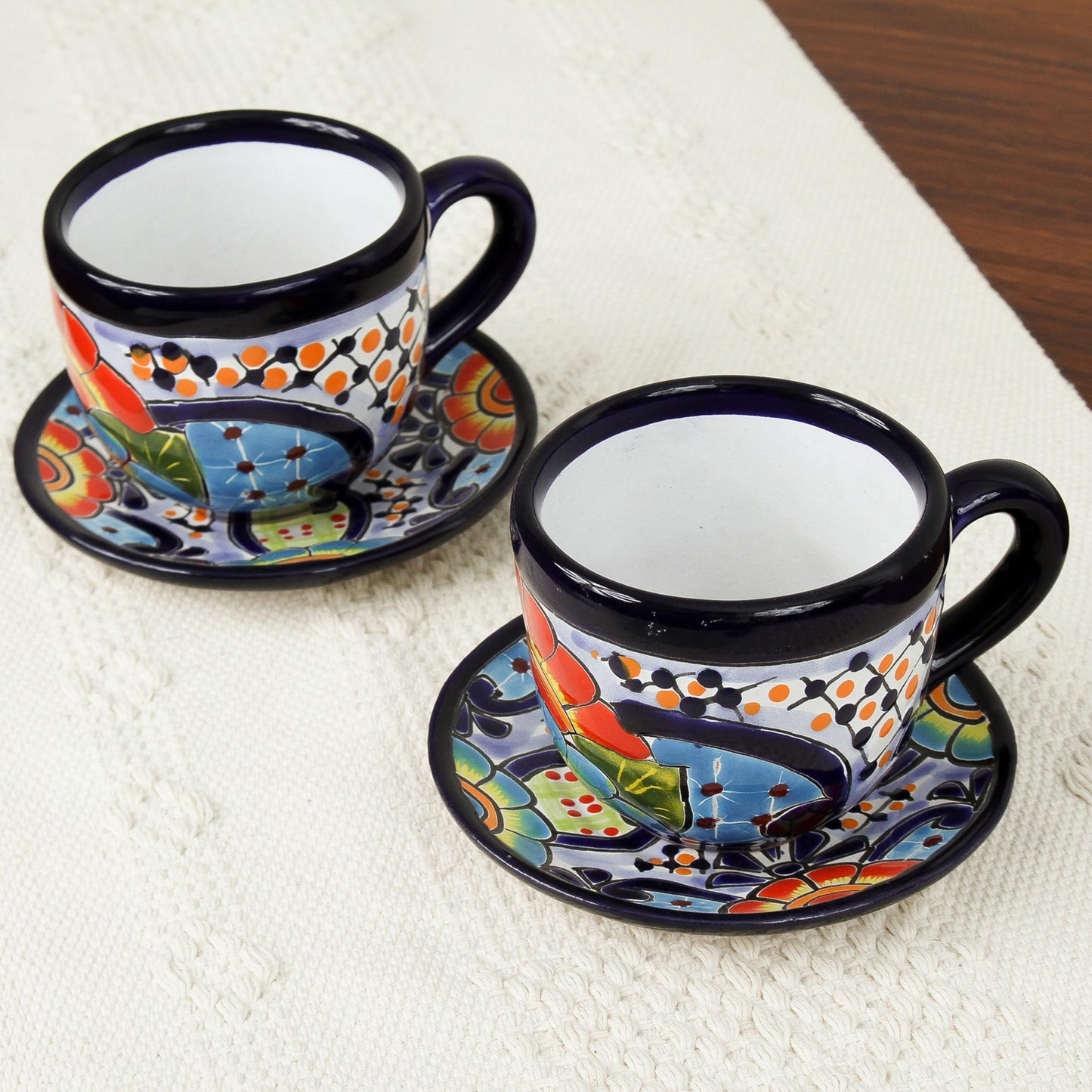 Raining Flowers Talavera Style Ceramic Cups and Saucers from Mexico (Pair)