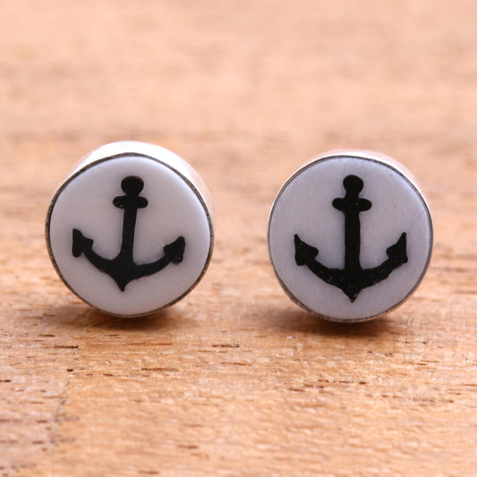 Black Anchor Anchor Motif Bone Stud Earrings from Bali