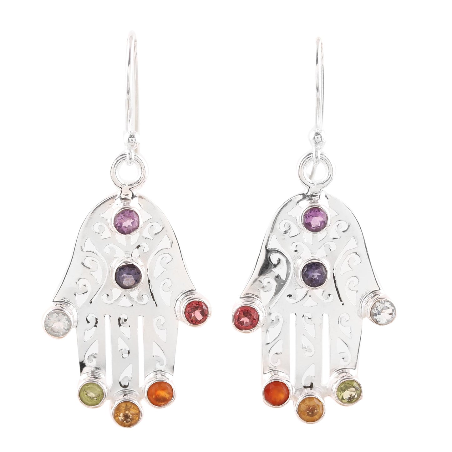 Hamsa Chakra Multi-Gemstone Hamsa Chakra Dangle Earrings from India