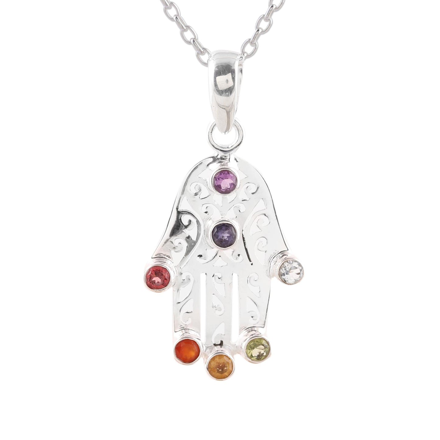 Hamsa Chakra Multi-Gemstone Hamsa Chakra Pendant Necklace from India