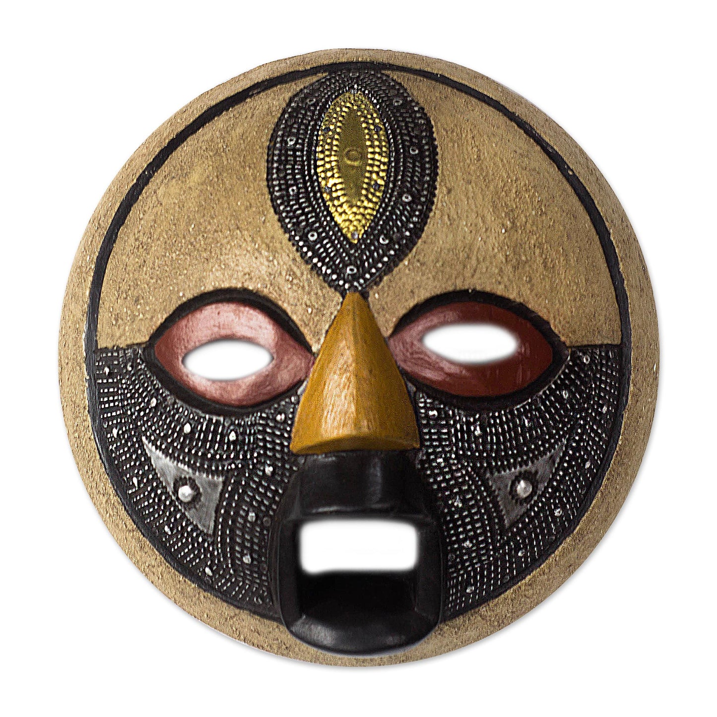 Third Eye Round African Wood Mask with Brass and Aluminum Accents