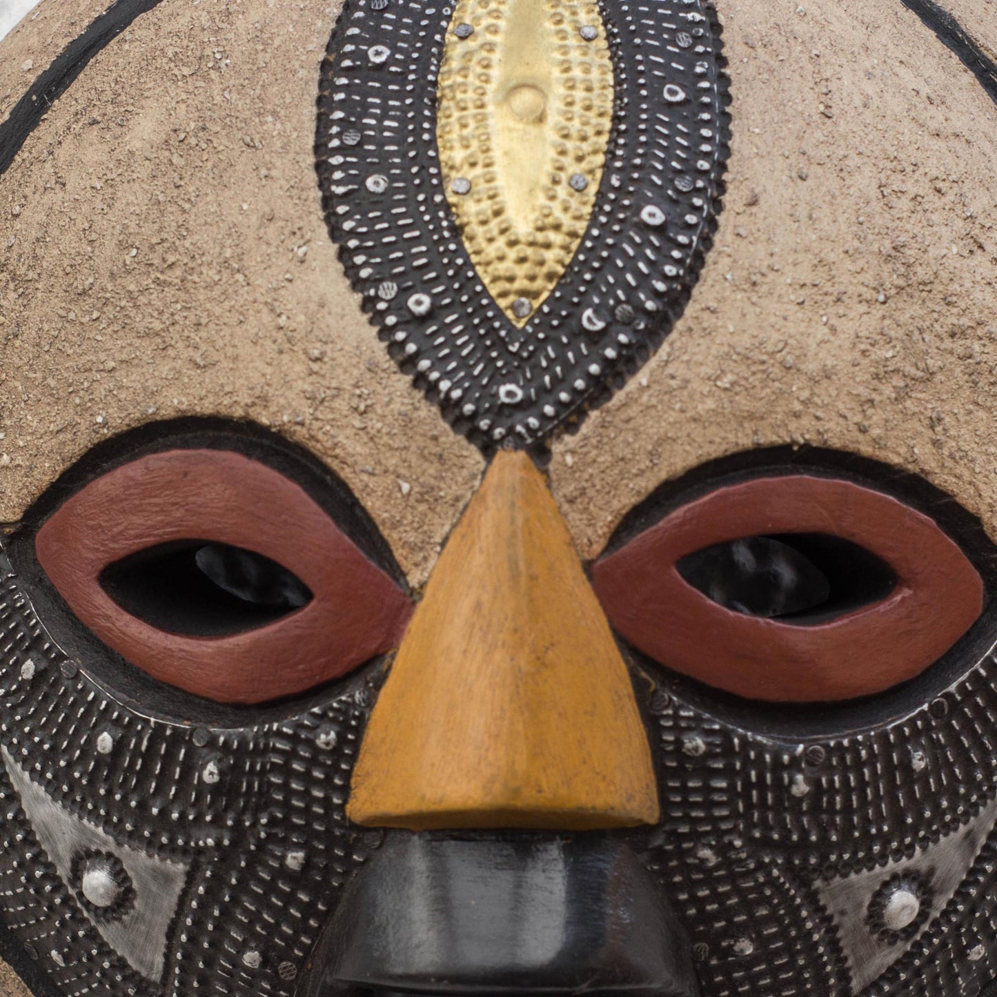 Third Eye Round African Wood Mask with Brass and Aluminum Accents