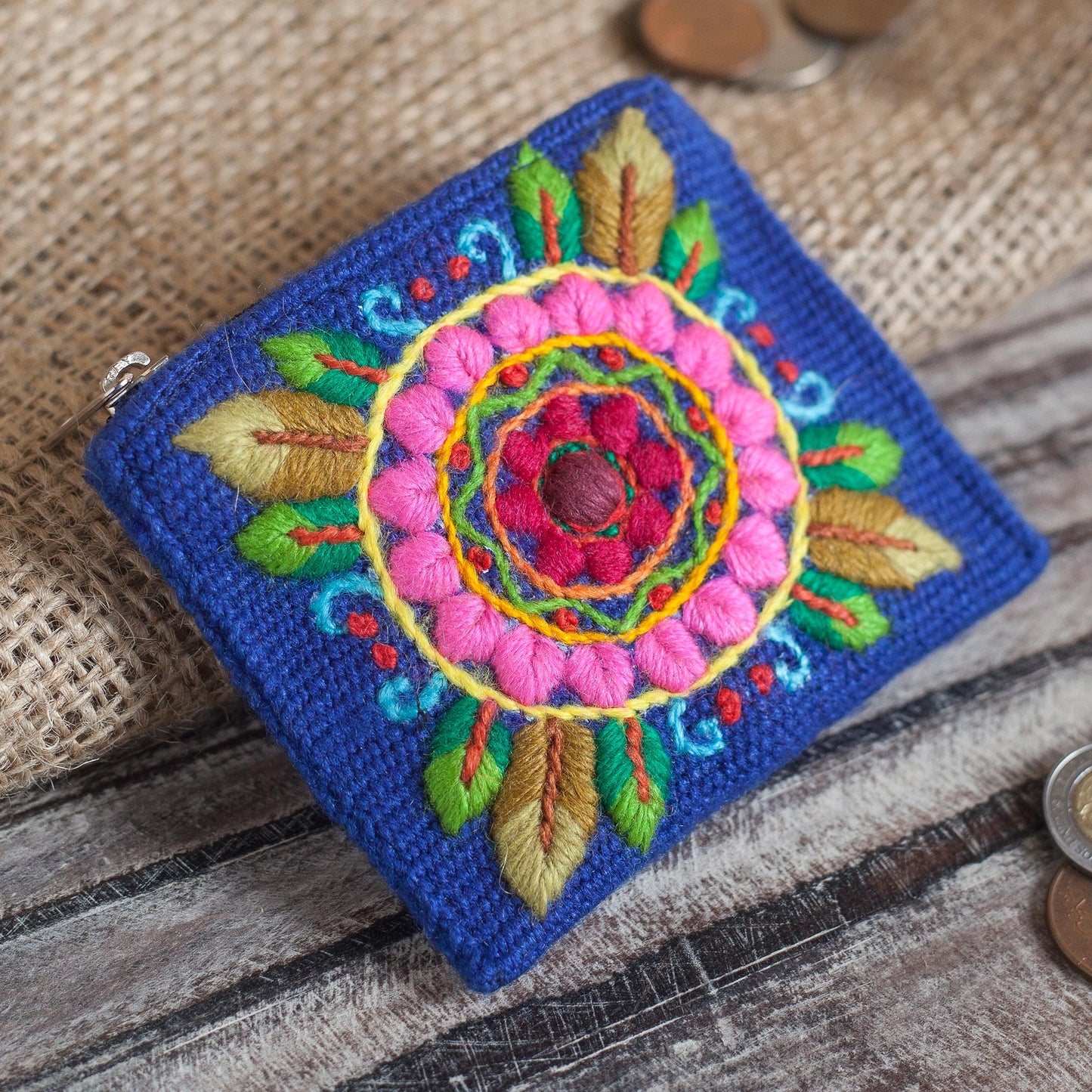 Fantastic Mandala Floral Embroidered Alpaca Blend Coin Purse in Blue