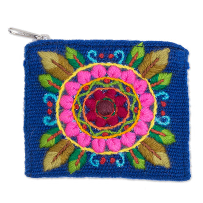 Fantastic Mandala Floral Embroidered Alpaca Blend Coin Purse in Blue