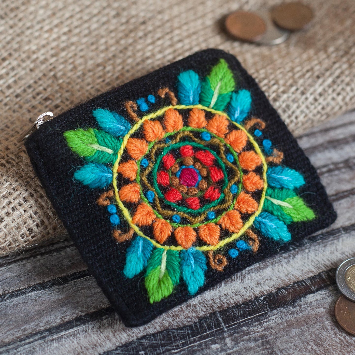 Colorful Mandala Floral Embroidered Alpaca Blend Coin Purse in Black