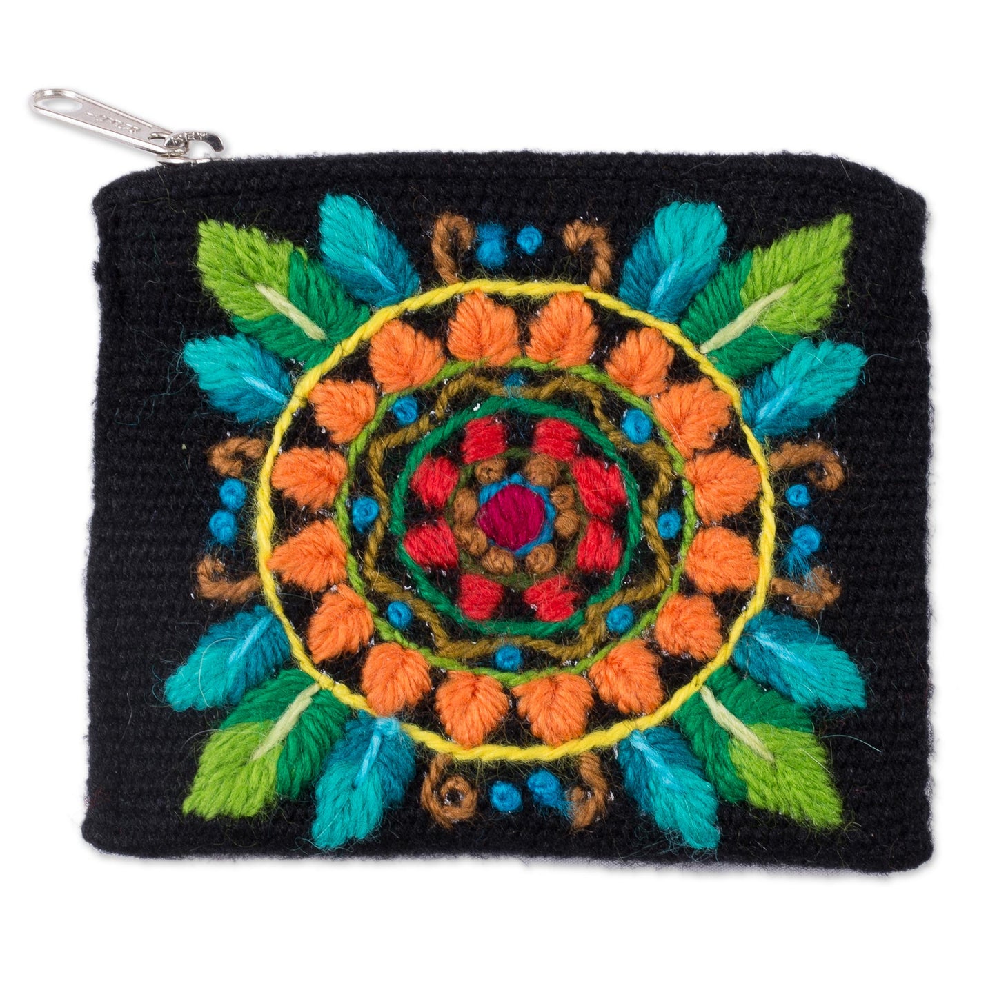 Colorful Mandala Floral Embroidered Alpaca Blend Coin Purse in Black