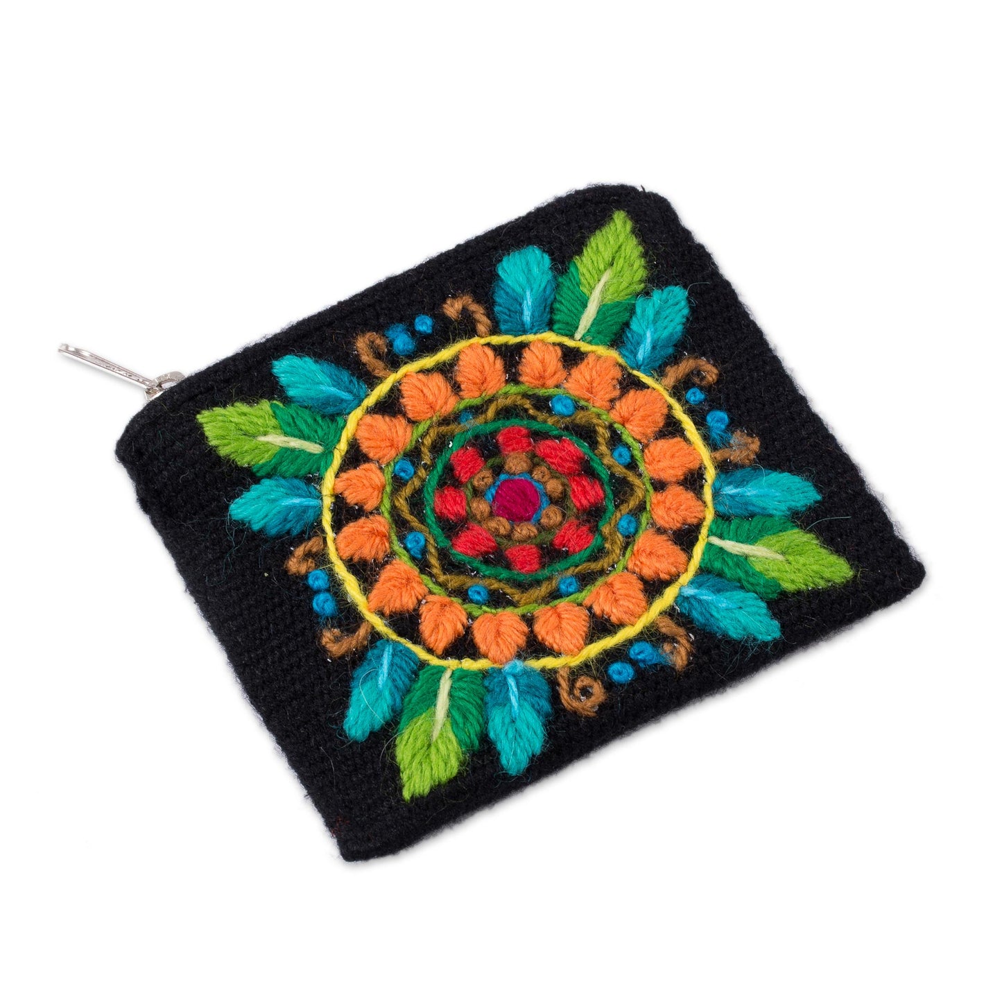 Colorful Mandala Floral Embroidered Alpaca Blend Coin Purse in Black