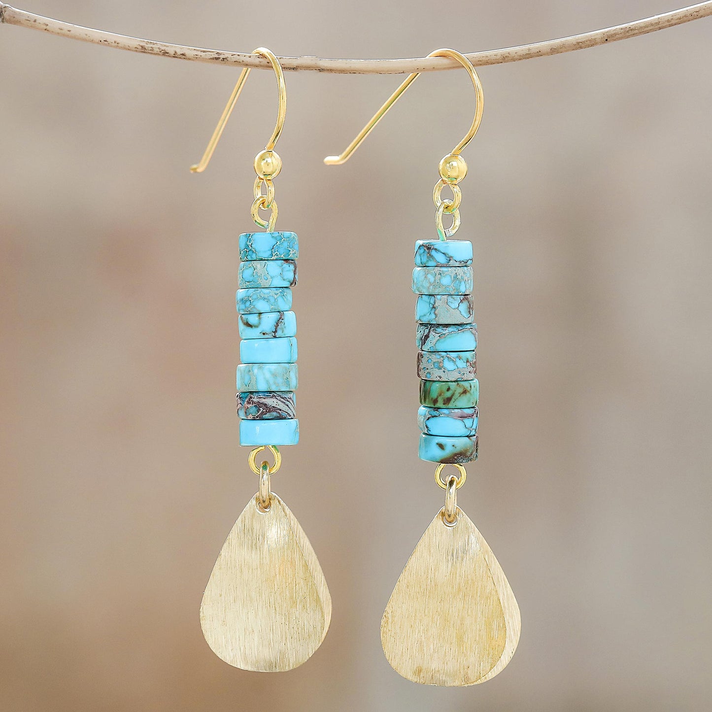 Sea Gold Brass and Reconstituted Turquoise Dangle Earrings