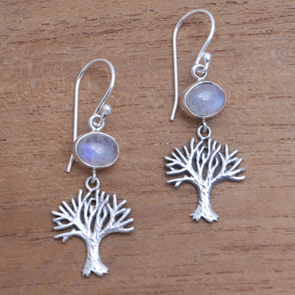 Enlightenment Tree Rainbow Moonstone Tree Dangle Earrings from Bali